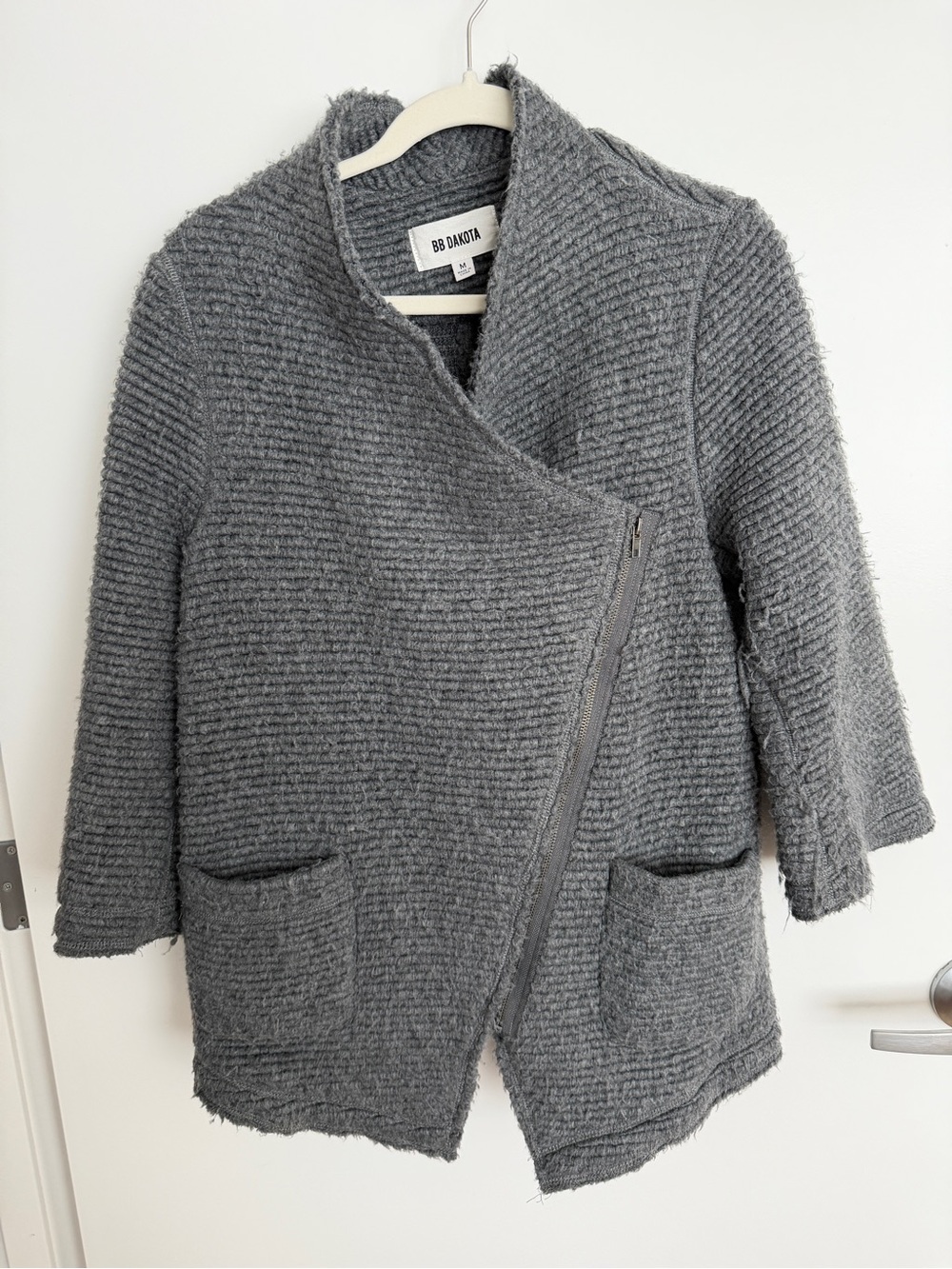 BB Dakota Charcoal Gray Ribbed Asymmetrical Zip Knit Coat